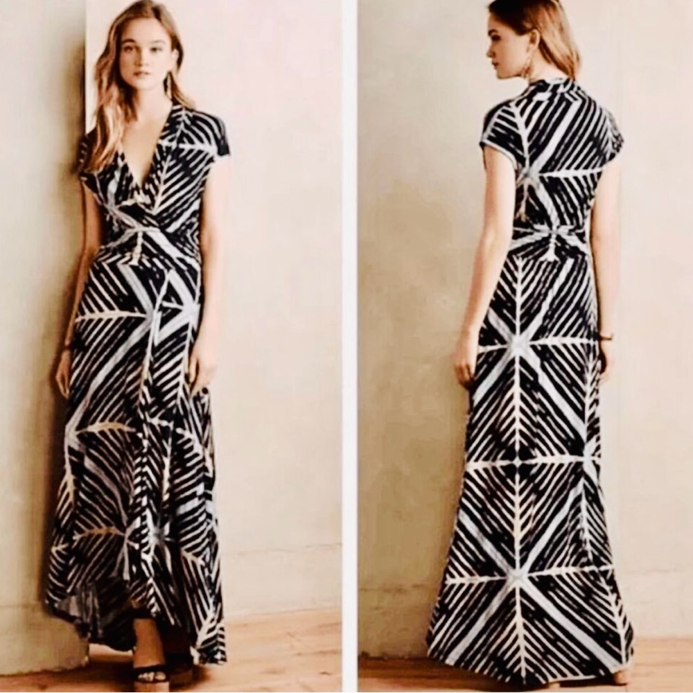 Anthropologie Maeve Desert Star Stretch Knit Navy High-Low Maxi Wrap Dress L